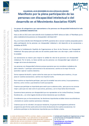 Ver Manifiesto por la plena participación de las personas con discapacidad intelectual o del desarrollo en el Movimiento Asociativo FEAPS (2013)