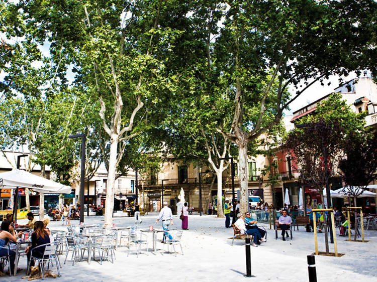 plaza en Barcelona con árboles y terrazas