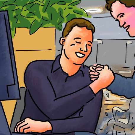 ilustración una persona da la mano a otra ante un ordenador