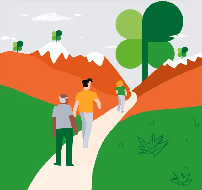 personas siguen un camino hacia un paisaje montañoso, en el fondo hay tréboles como el del logo de Plena inclusión