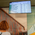 Una persona mira una pantalla con información de horas de salida de trenes. . Accesibilidad cognitiva en los trenes