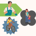 persona con material de limpieza, con bicicleta y otra con niña encuesta conciliación familiares familias