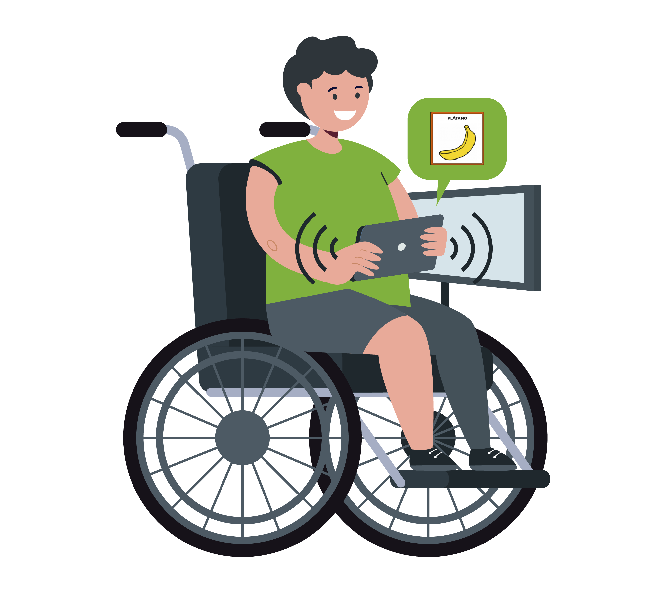 ilustración niño pictograma comunicador parálisis cerebral silla de ruedas