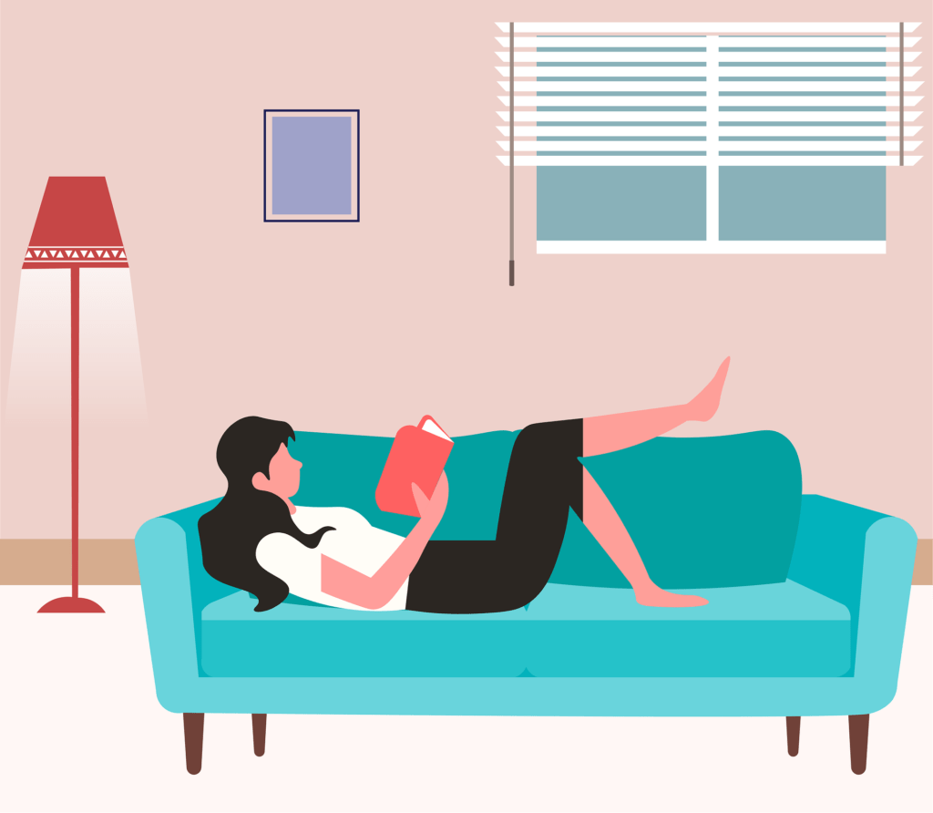 ilustración mujer leyendo leer libro sofá sillón