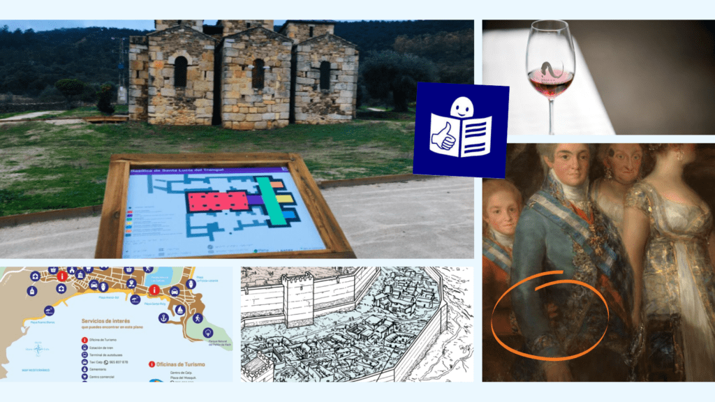 collage fotos: señal en iglesia, copa de vino, plano accesible, ilustración castillo, círculo señala detalle cuadro