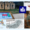collage fotos: señal en iglesia, copa de vino, plano accesible, ilustración castillo, círculo señala detalle cuadro