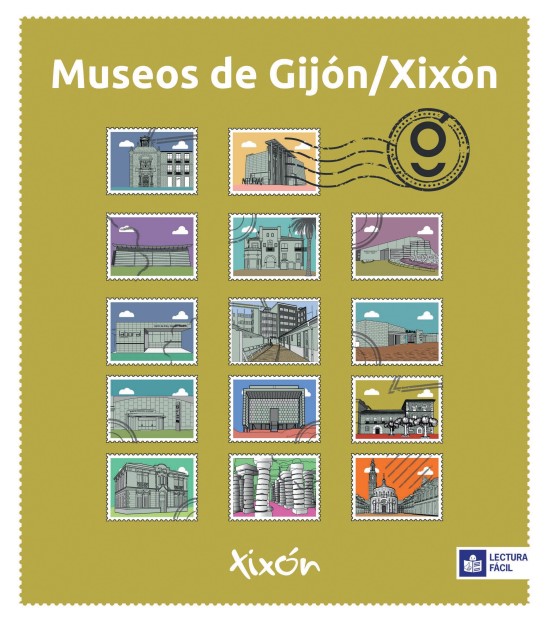 portada Museos de Gijón lectura fácil la portada tiene ilustraciones de los edificios de los museos como si fueran sellos