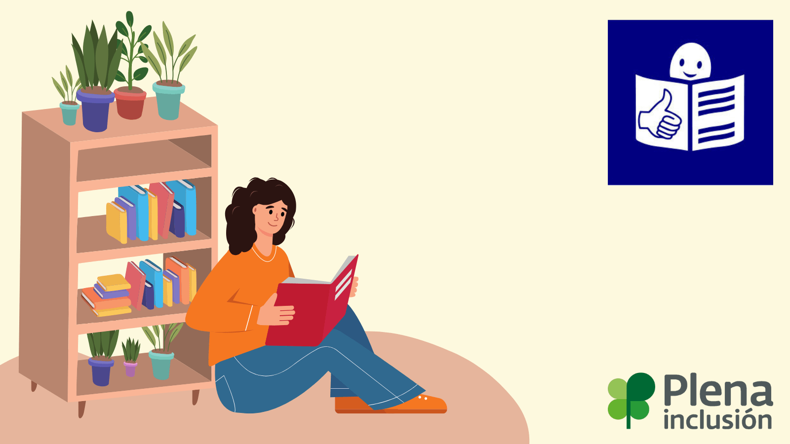 ilustración mujer leyendo estantería libros biblioteca lectura fácil logo plena inclusión