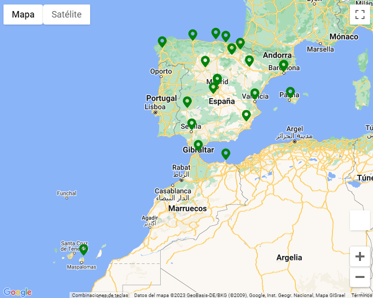 Mapa de España con chinchetas verdes
